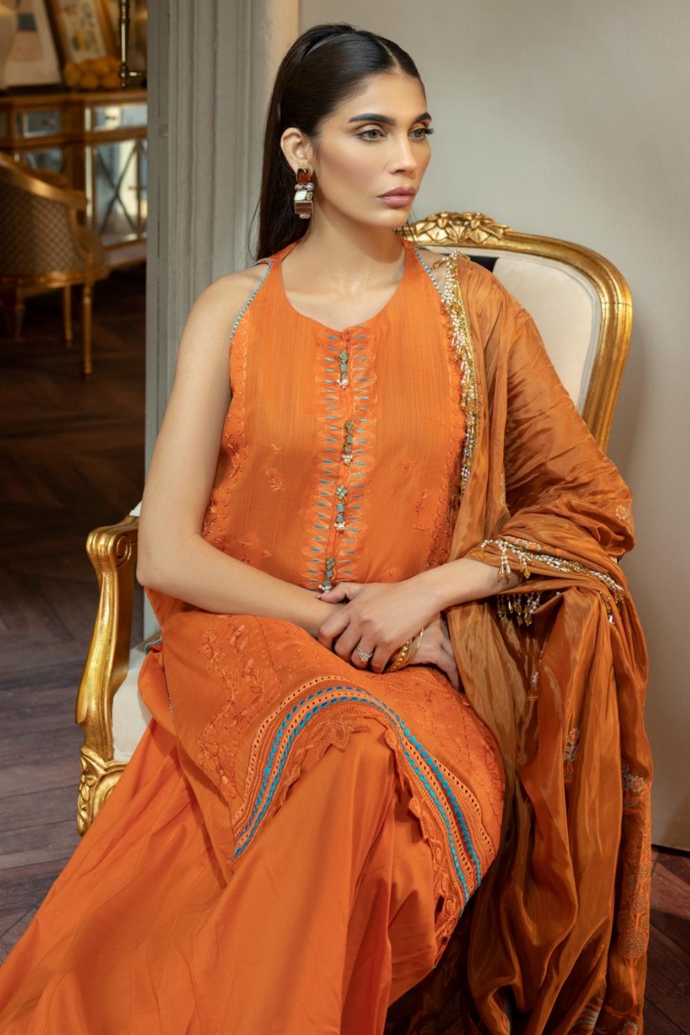 3 PC Unstitched | Slub Lawn Embroidered Shirt + Silk Paste Printed Dupatta + Cambric Dyed Trouser