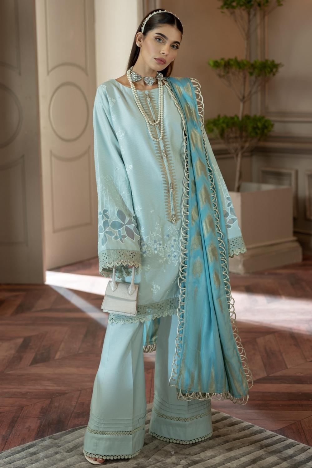3 PC Unstitched | Self Jacquard Embroidered Shirt + Cotton Net Jacquard Dupatta + Cambric Dyed Trouser