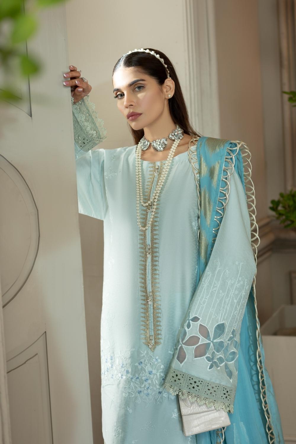 3 PC Unstitched | Self Jacquard Embroidered Shirt + Cotton Net Jacquard Dupatta + Cambric Dyed Trouser