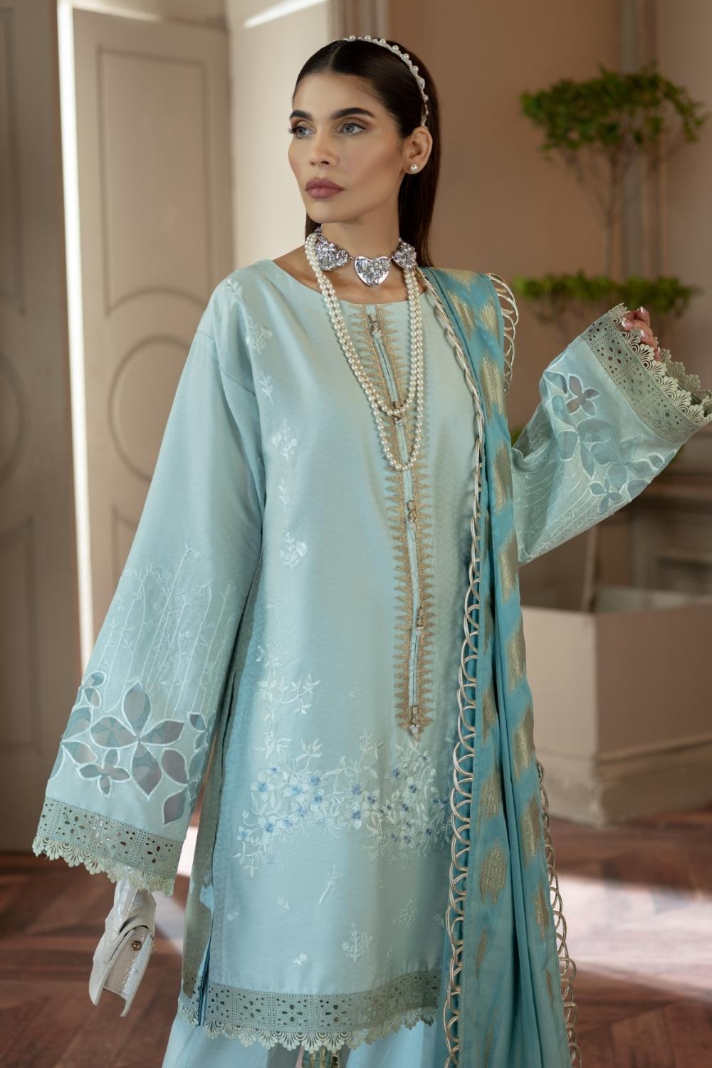 3 PC Unstitched | Self Jacquard Embroidered Shirt + Cotton Net Jacquard Dupatta + Cambric Dyed Trouser