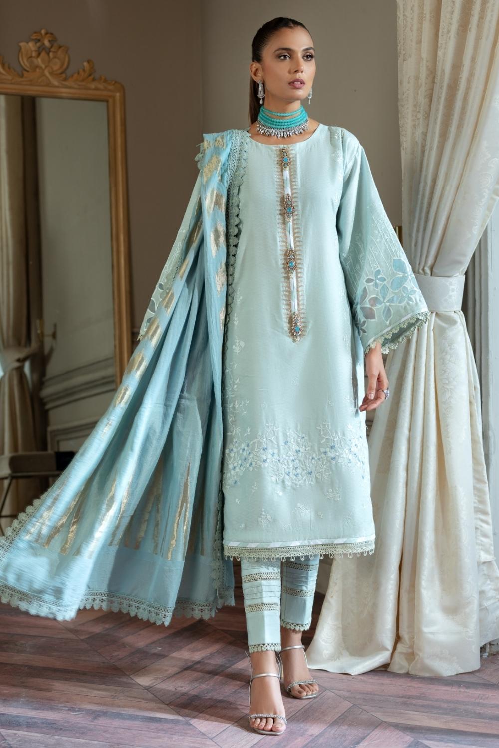3 PC Unstitched | Self Jacquard Embroidered Shirt + Cotton Net Jacquard Dupatta + Cambric Dyed Trouser