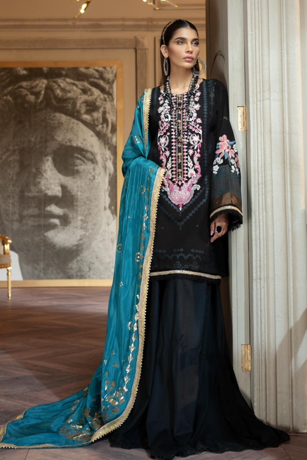 3 PC Unstitched | Jacquard Embroidered Shirt + Silk Foil Printed Dupatta + Cambric Dyed Trouser