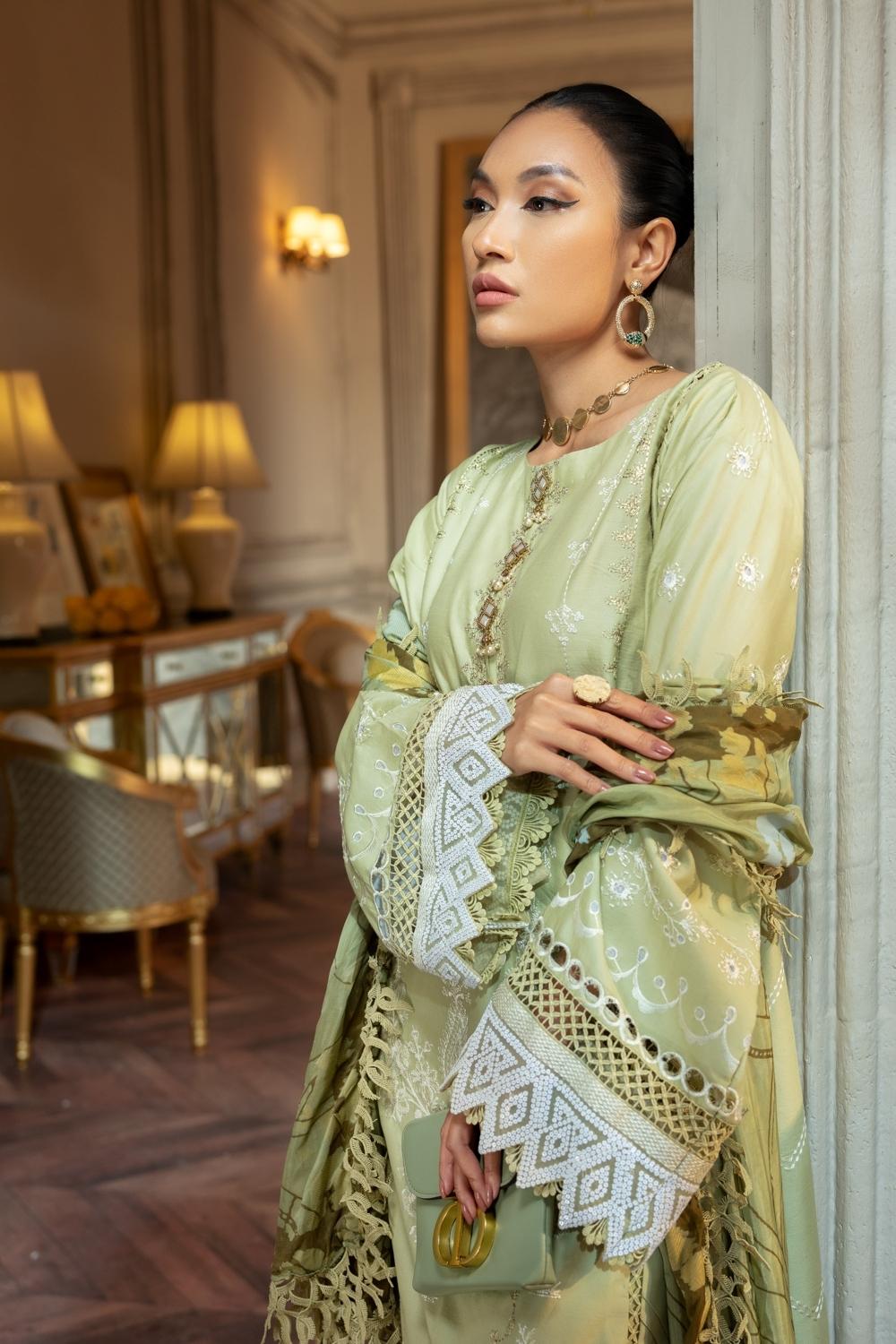 3 PC Unstitched | Emboridered Shirt + Silk Paste Printed Dupatta + Cambric Dyed Trouser