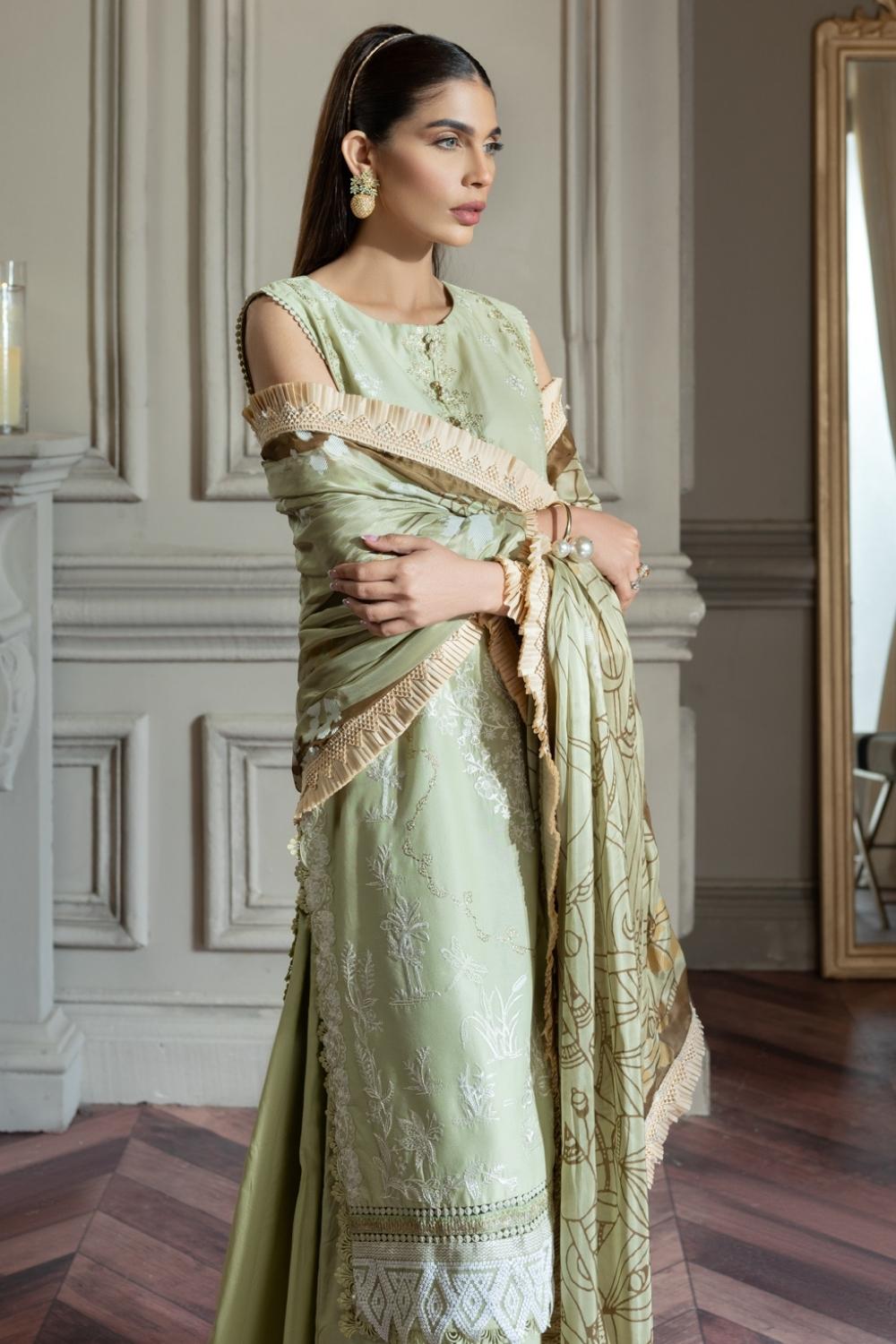 3 PC Unstitched | Emboridered Shirt + Silk Paste Printed Dupatta + Cambric Dyed Trouser