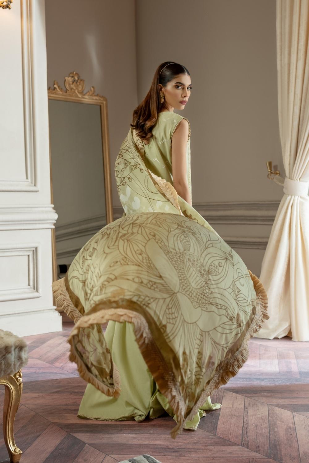 3 PC Unstitched | Emboridered Shirt + Silk Paste Printed Dupatta + Cambric Dyed Trouser