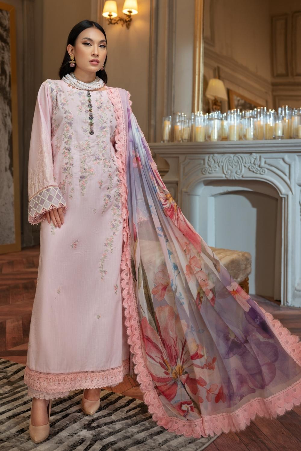 3 PC Unstitched | Emboridered Shirt + Chiffon Digital Printed Dupatta + Cambric Dyed Trouser