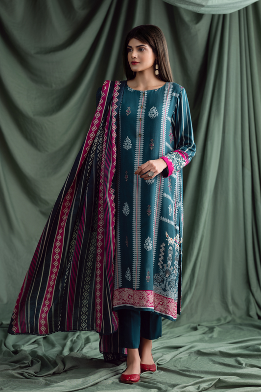 3PC Unstitched | Printed Linen Suit | Jacquard Dupatta
