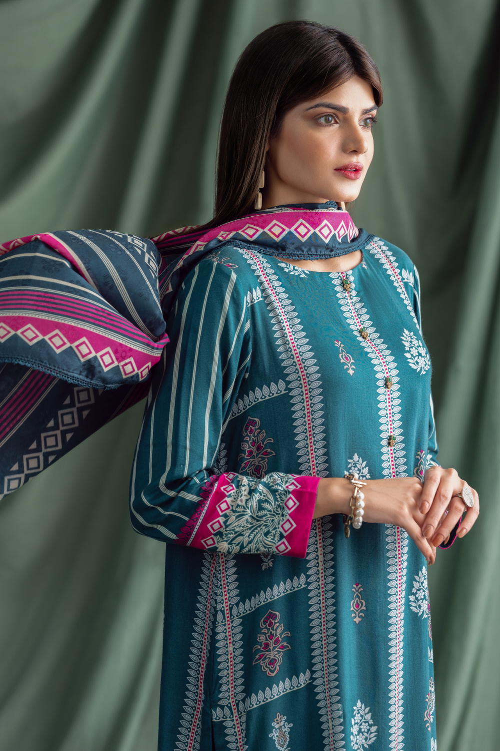 3PC Unstitched | Printed Linen Suit | Jacquard Dupatta