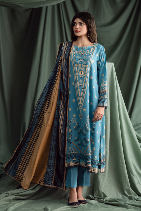 3PC Unstitched | Printed Linen Suit | Jacquard Dupatta
