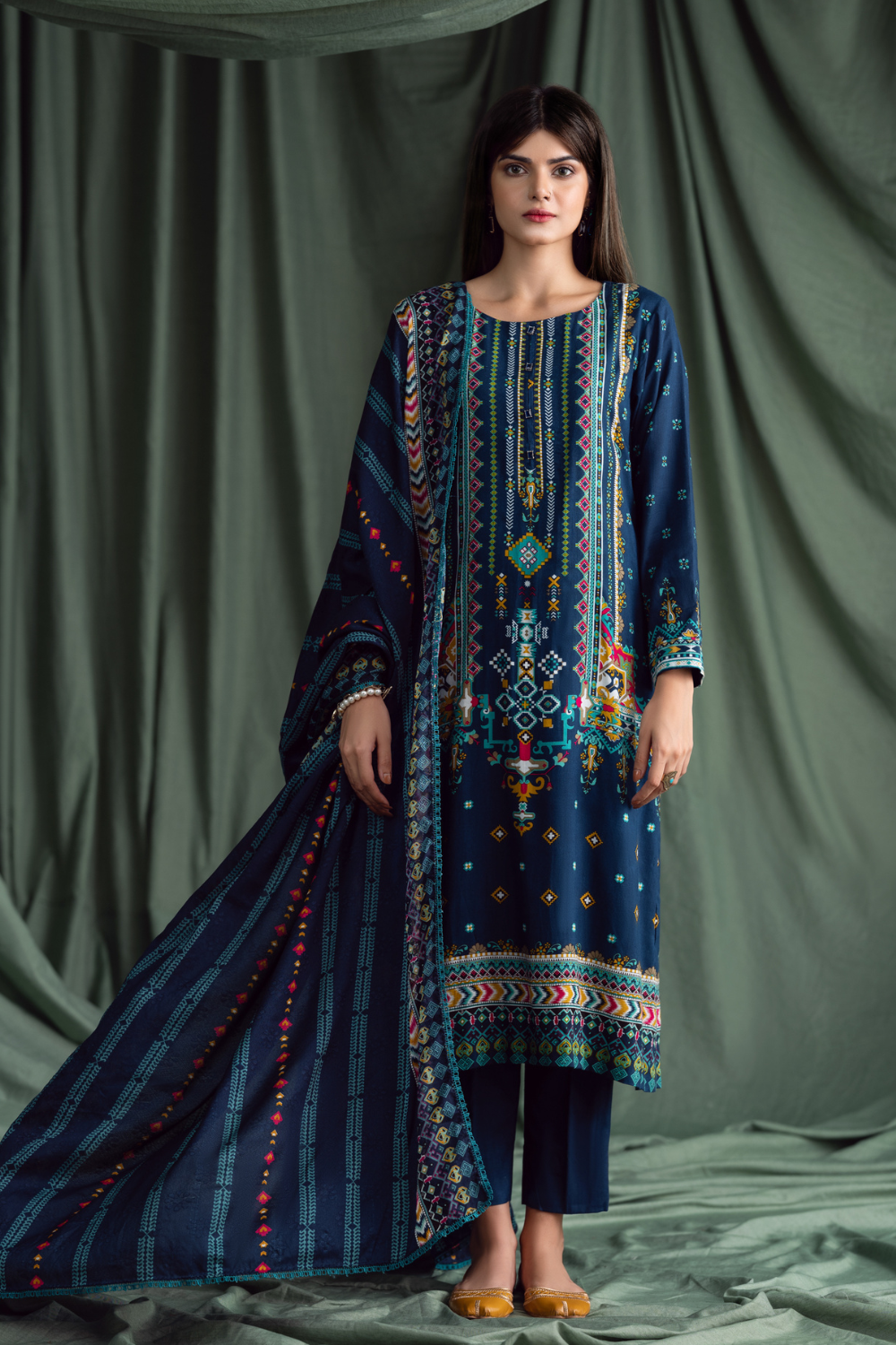 3PC Unstitched | Printed Linen Suit | Jacquard Dupatta