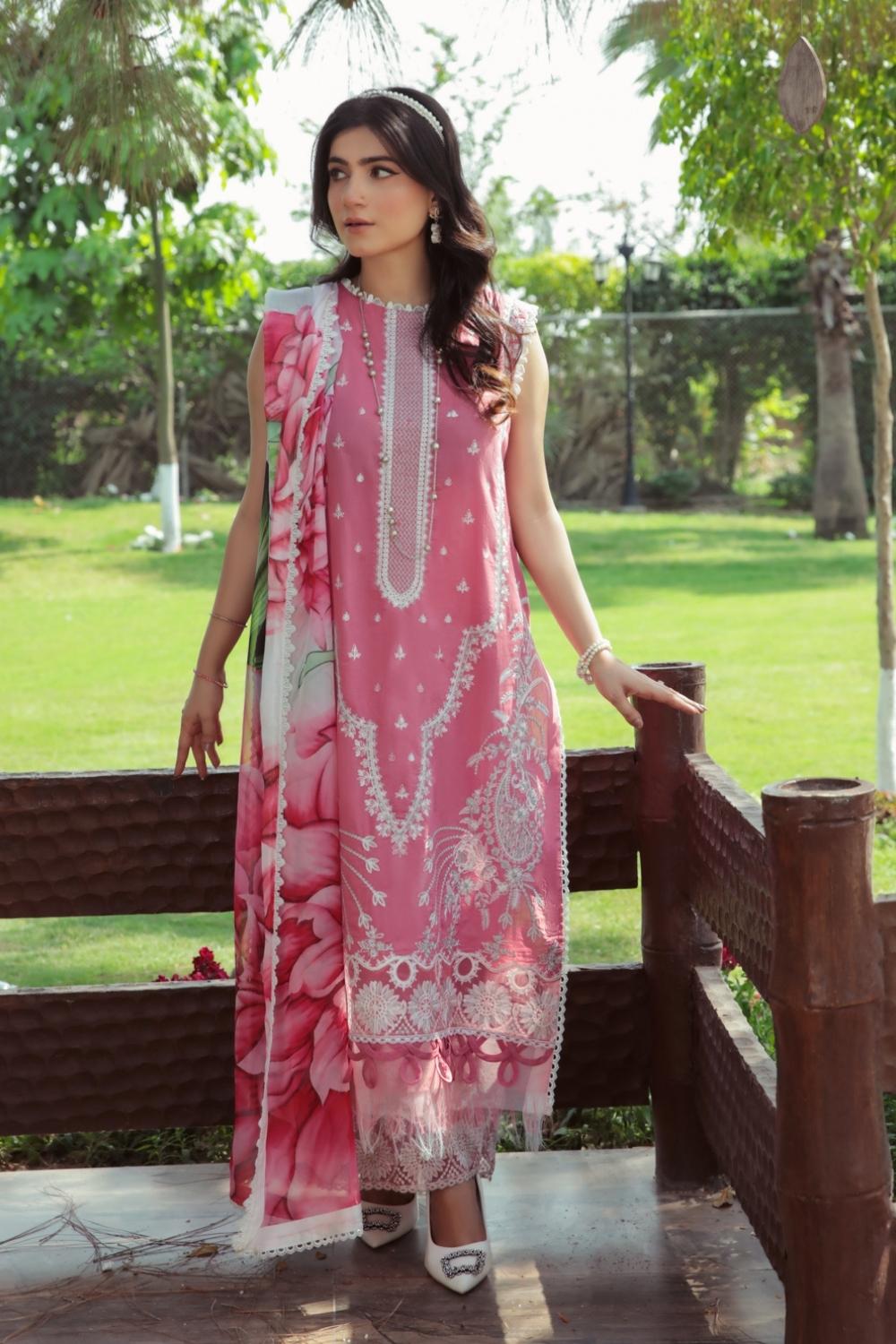 3 PC Unstitched  |  Embroidered Shirt + Digital Printed Chiffon Dupatta + Dyed Cambric Trouser