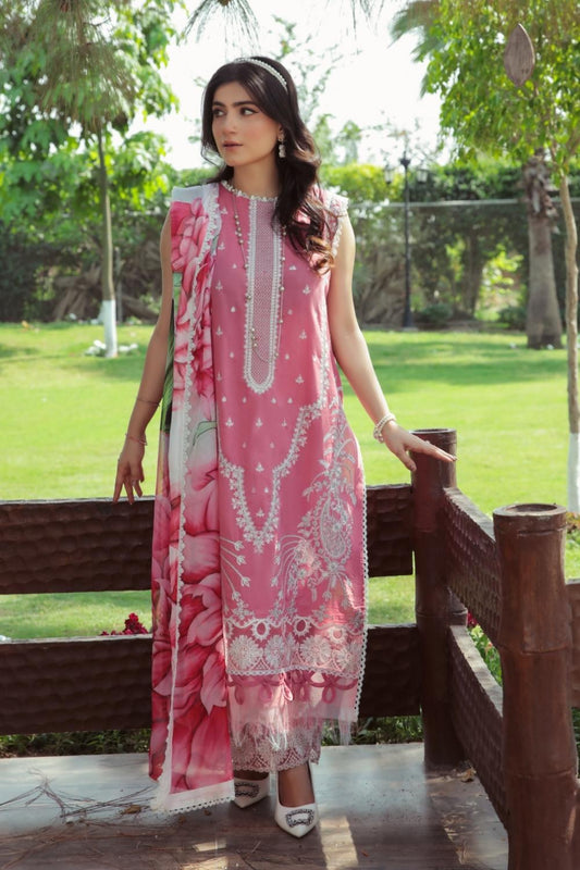 3 PC Unstitched  |  Embroidered Shirt + Digital Printed Chiffon Dupatta + Dyed Cambric Trouser