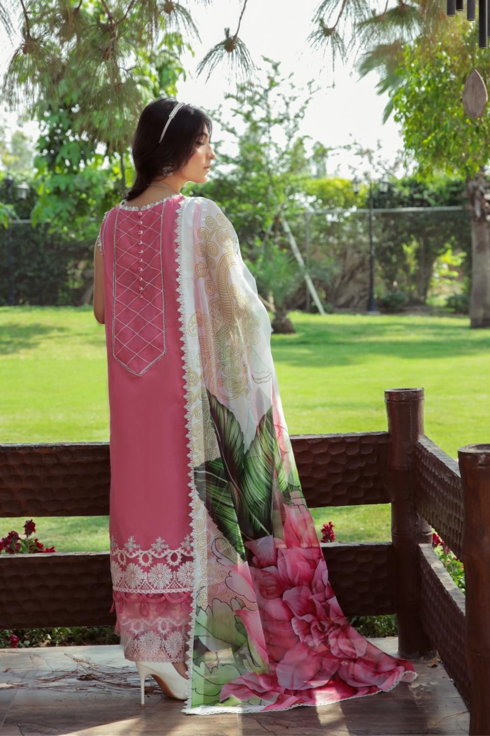 3 PC Unstitched  |  Embroidered Shirt + Digital Printed Chiffon Dupatta + Dyed Cambric Trouser