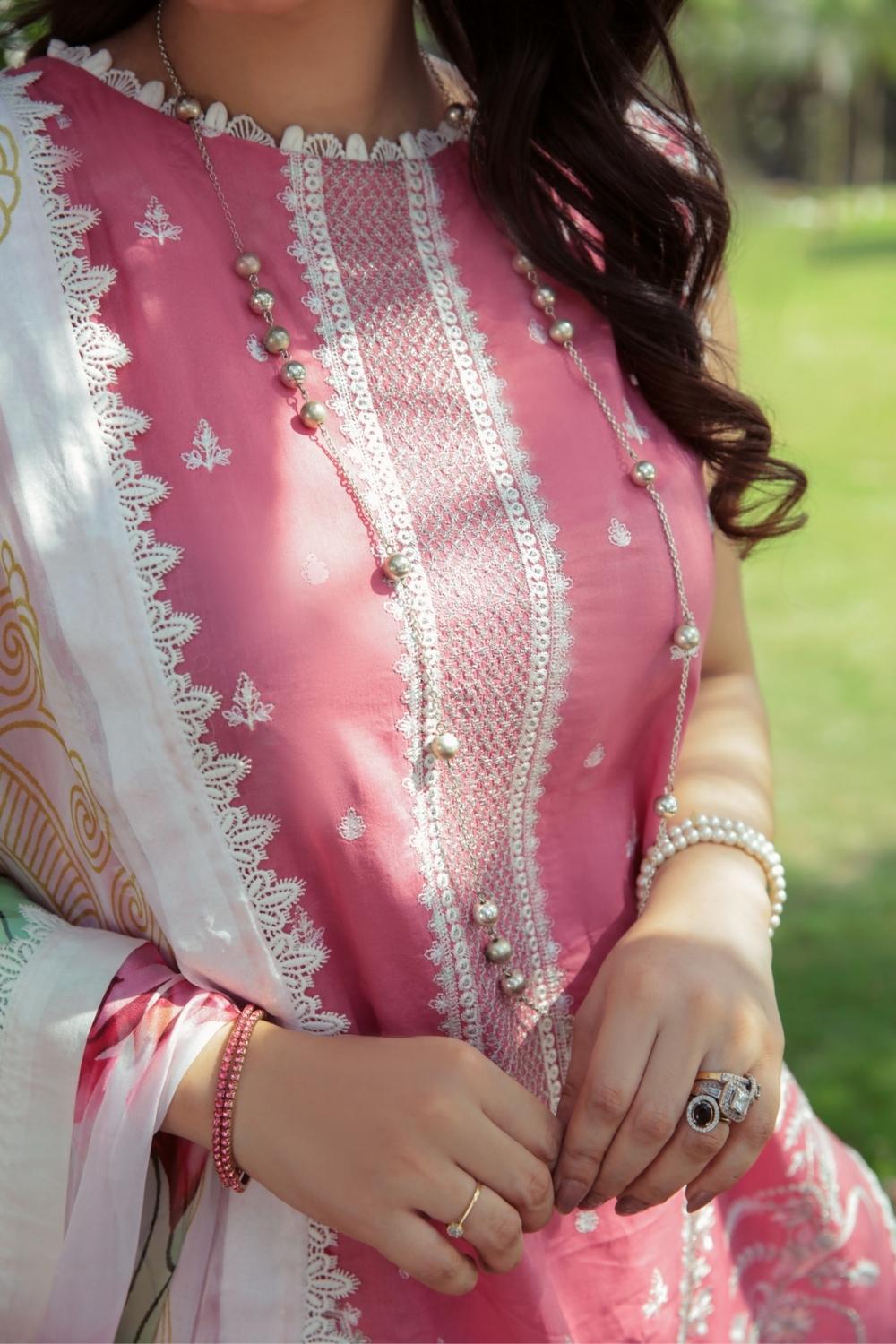 3 PC Unstitched  |  Embroidered Shirt + Digital Printed Chiffon Dupatta + Dyed Cambric Trouser