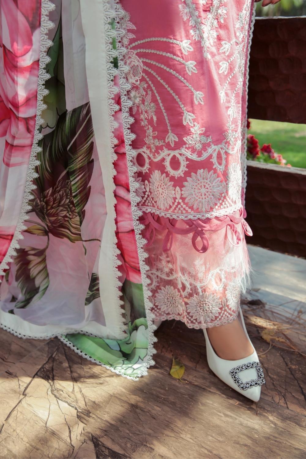 3 PC Unstitched  |  Embroidered Shirt + Digital Printed Chiffon Dupatta + Dyed Cambric Trouser