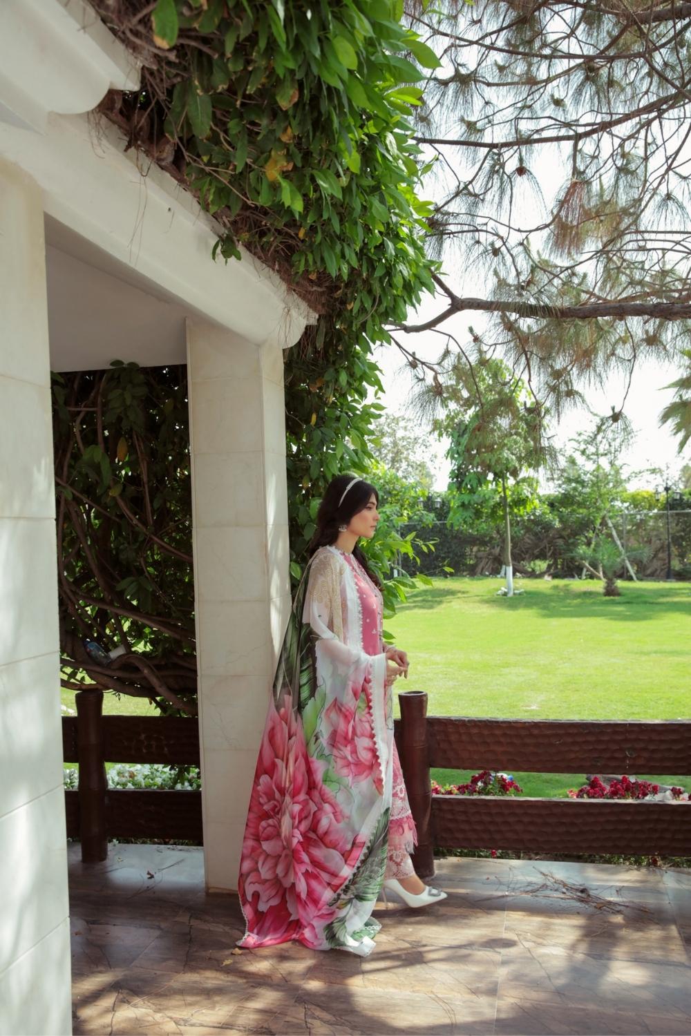 3 PC Unstitched  |  Embroidered Shirt + Digital Printed Chiffon Dupatta + Dyed Cambric Trouser