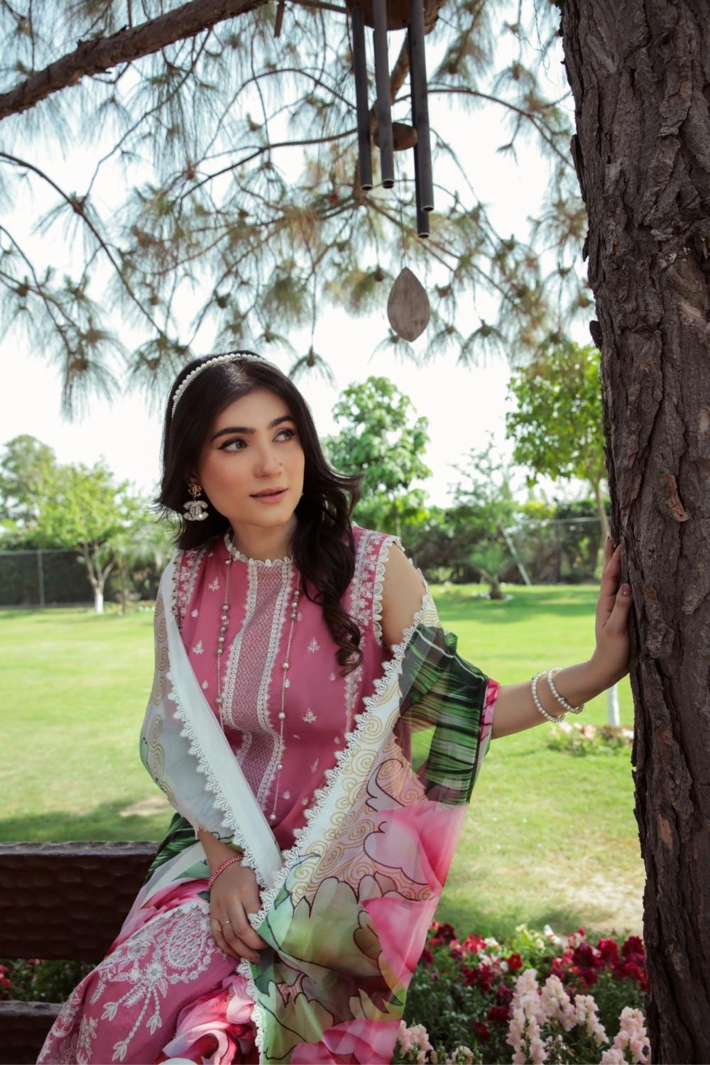 3 PC Unstitched  |  Embroidered Shirt + Digital Printed Chiffon Dupatta + Dyed Cambric Trouser