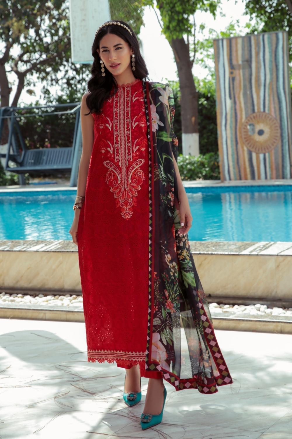 3 PC Unstitched  | Schiffli Embroidered Shirt +  Digital Printed Silk Dupatta + Dyed  CambricTrouser