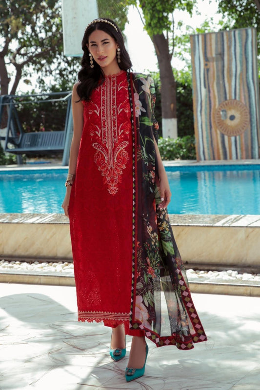 3 PC Unstitched  | Schiffli Embroidered Shirt +  Digital Printed Silk Dupatta + Dyed  CambricTrouser