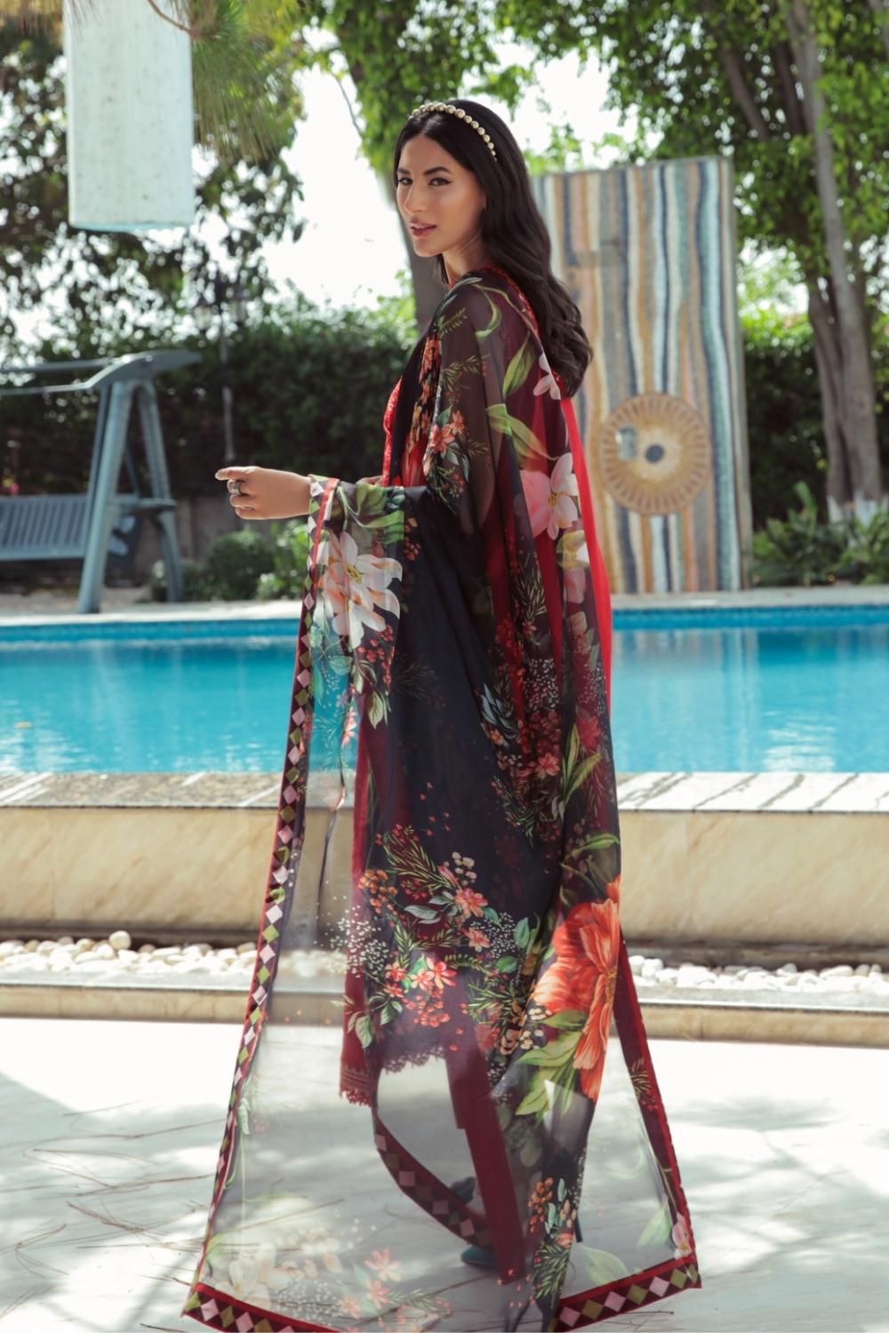 3 PC Unstitched  | Schiffli Embroidered Shirt +  Digital Printed Silk Dupatta + Dyed  CambricTrouser