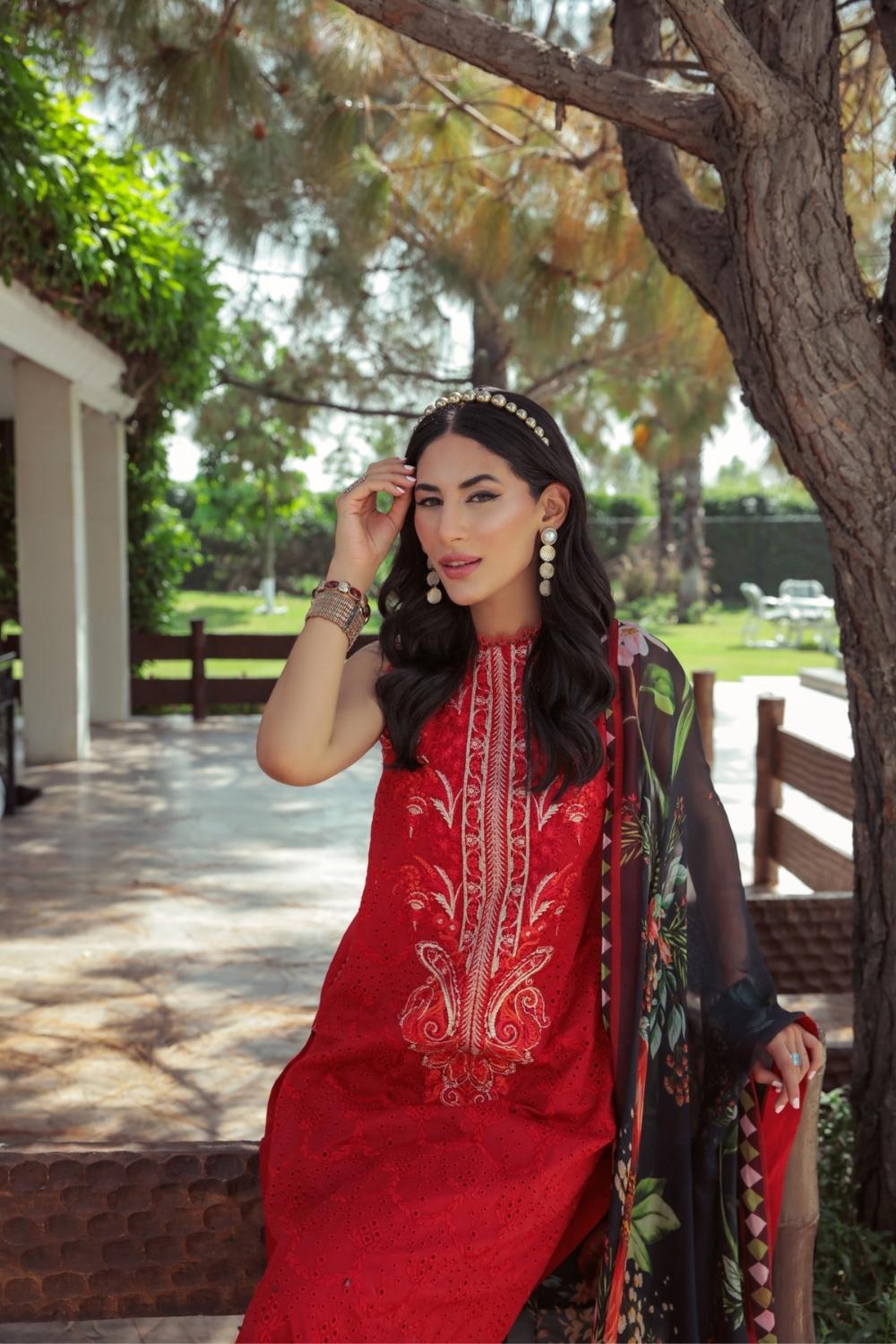 3 PC Unstitched  | Schiffli Embroidered Shirt +  Digital Printed Silk Dupatta + Dyed  CambricTrouser