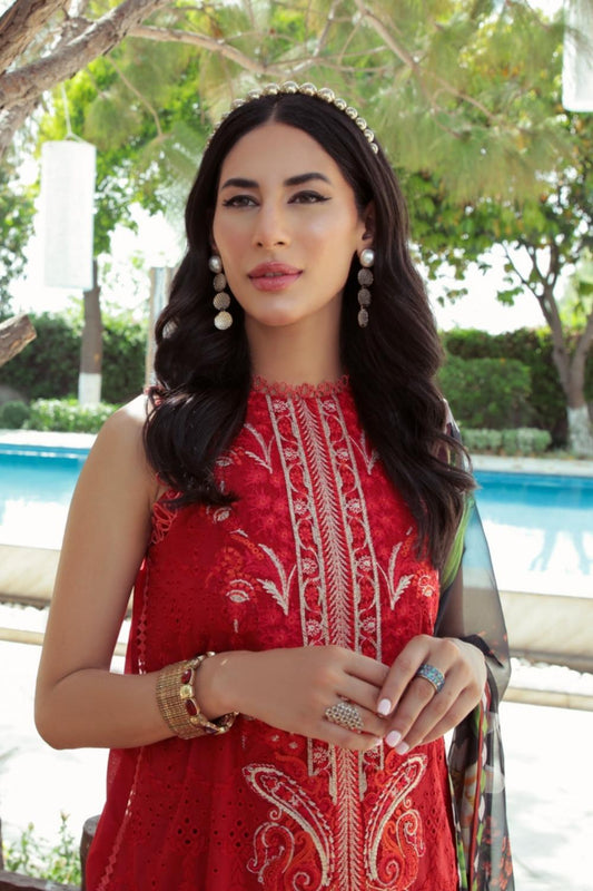 3 PC Unstitched | Schiffli Embroidered Shirt + Digital Printed Silk Dupatta + Dyed CambricTrouser