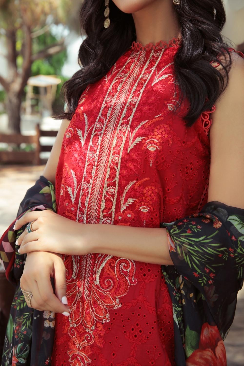 3 PC Unstitched  | Schiffli Embroidered Shirt +  Digital Printed Silk Dupatta + Dyed  CambricTrouser