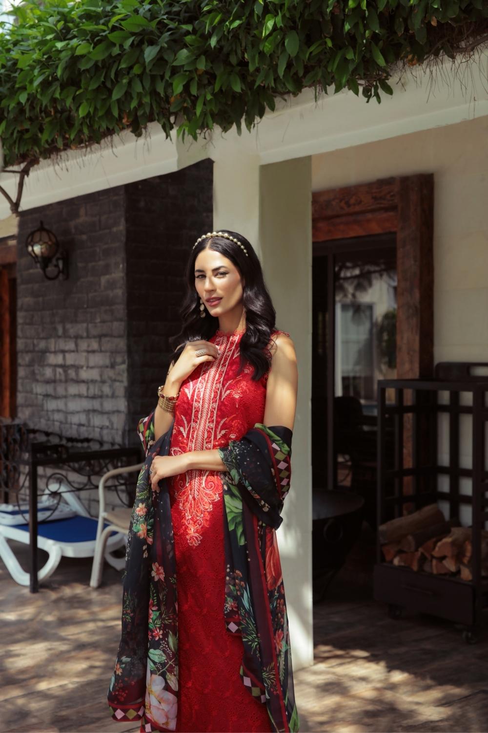 3 PC Unstitched  | Schiffli Embroidered Shirt +  Digital Printed Silk Dupatta + Dyed  CambricTrouser