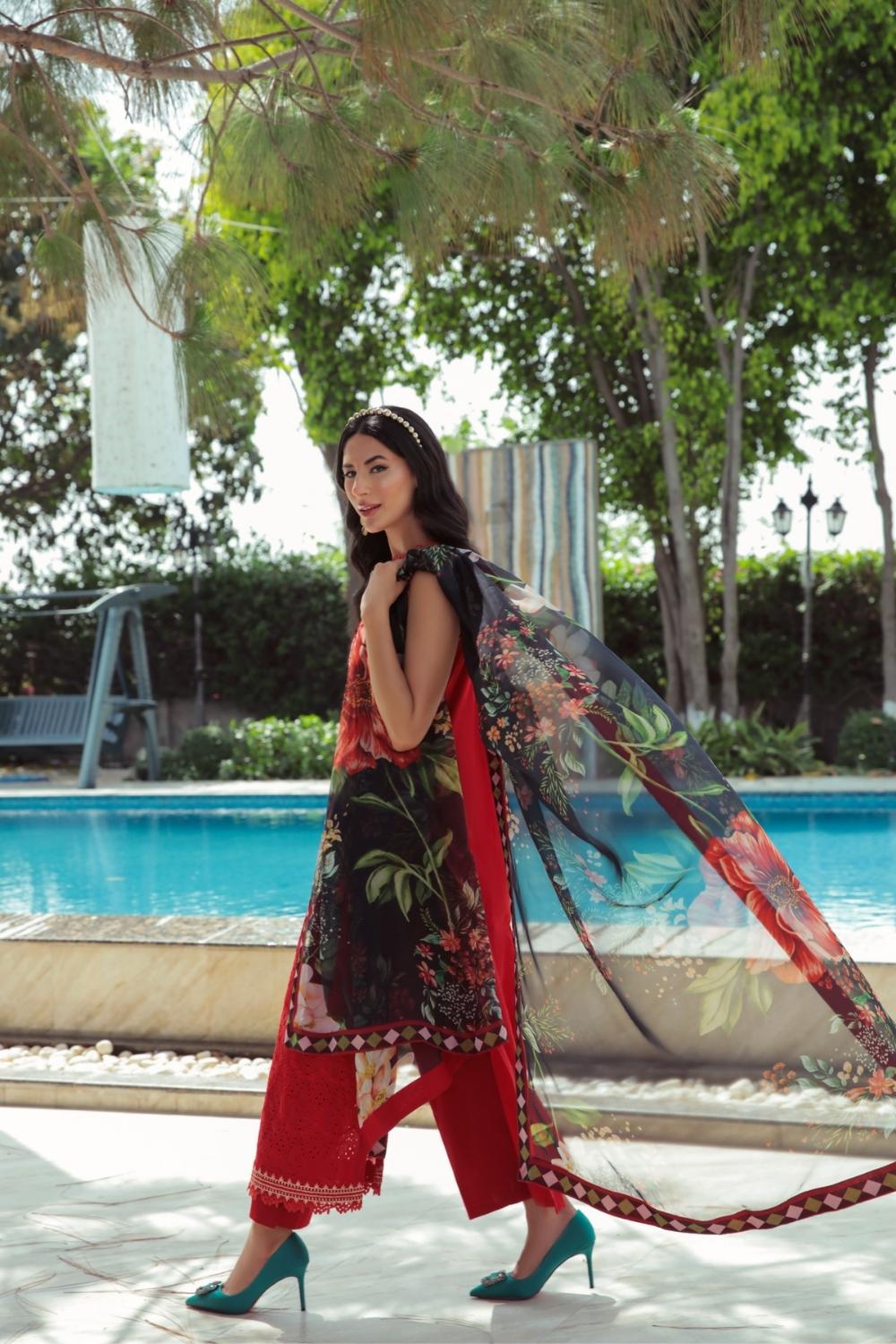 3 PC Unstitched  | Schiffli Embroidered Shirt +  Digital Printed Silk Dupatta + Dyed  CambricTrouser