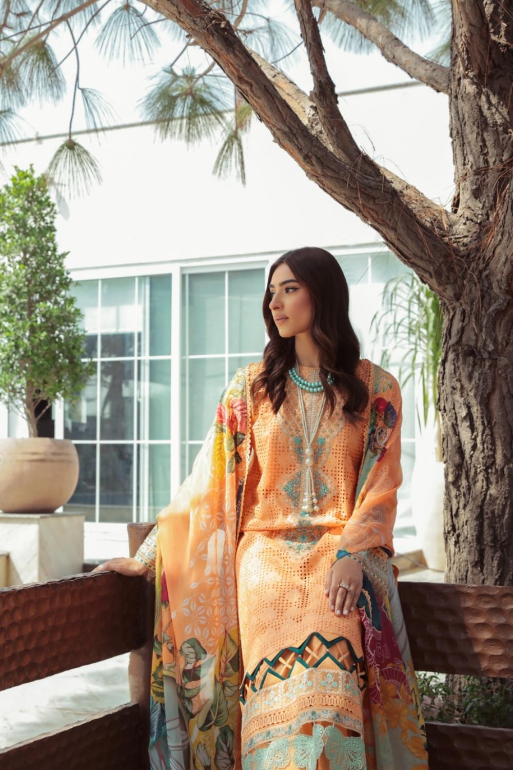 3 PC Unstitched  | Schiffli Embroidered Shirt +  Digital Printed Silk Dupatta + Dyed  CambricTrouser