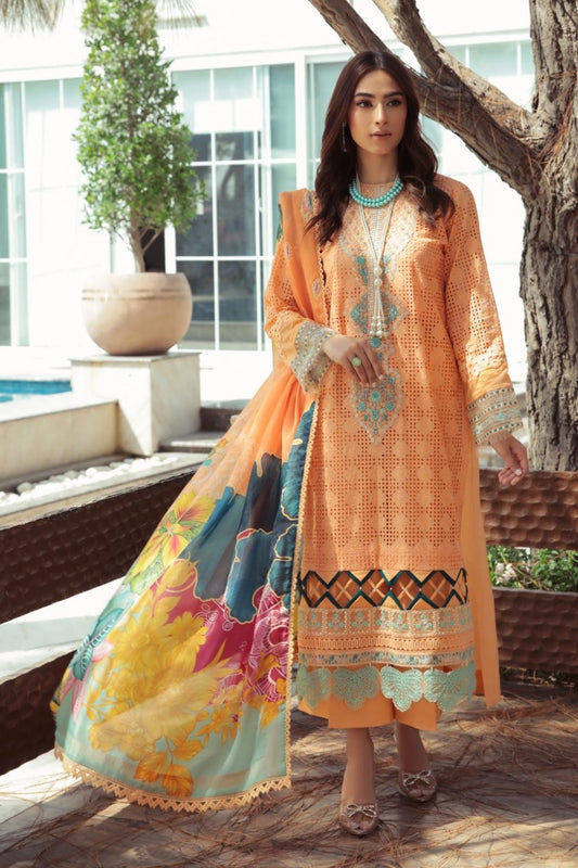 3 PC Unstitched  | Schiffli Embroidered Shirt +  Digital Printed Silk Dupatta + Dyed  CambricTrouser