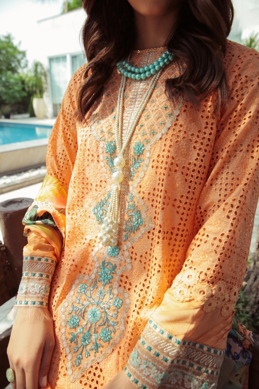 3 PC Unstitched  | Schiffli Embroidered Shirt +  Digital Printed Silk Dupatta + Dyed  CambricTrouser