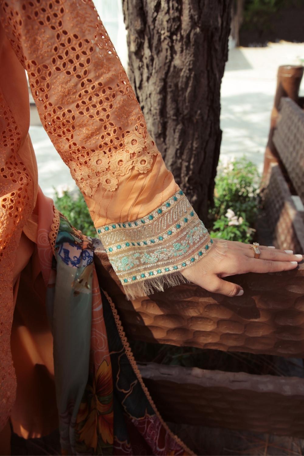 3 PC Unstitched  | Schiffli Embroidered Shirt +  Digital Printed Silk Dupatta + Dyed  CambricTrouser