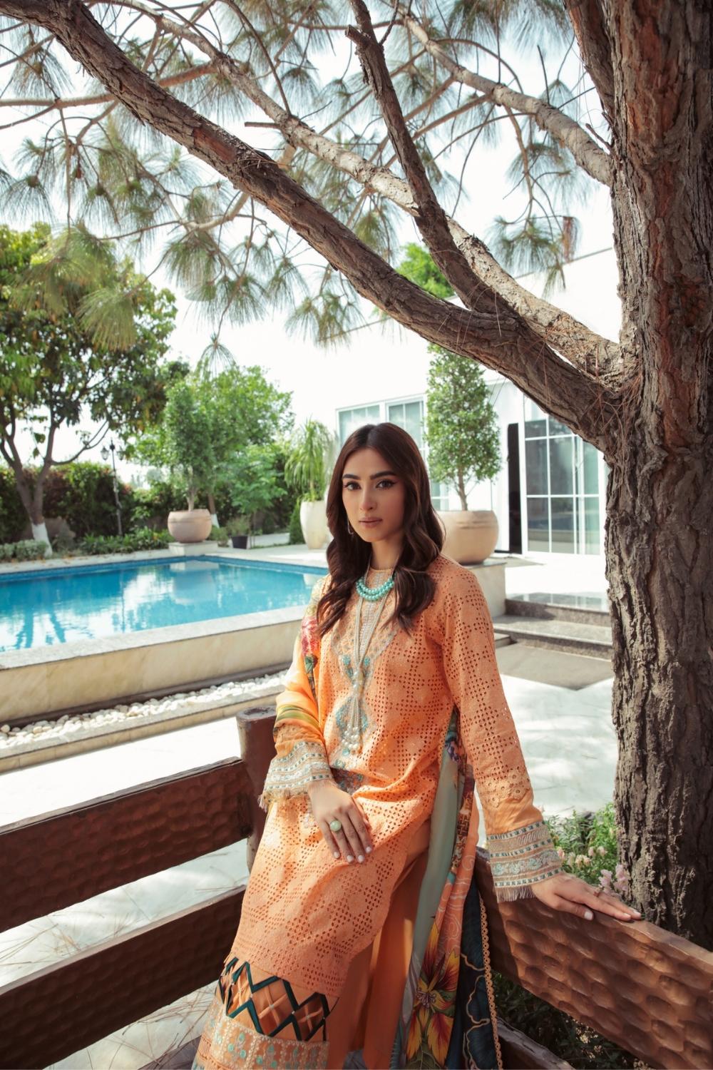 3 PC Unstitched  | Schiffli Embroidered Shirt +  Digital Printed Silk Dupatta + Dyed  CambricTrouser