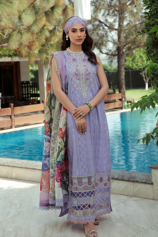 3 PC Unstitched  | Schiffli Embroidered Shirt +  Digital Printed Silk Dupatta + Dyed  CambricTrouser