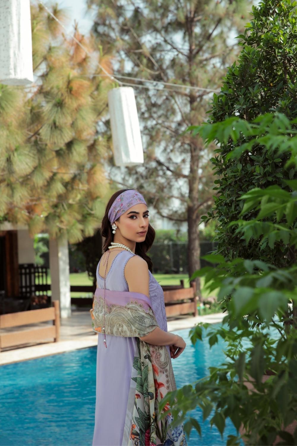 3 PC Unstitched  | Schiffli Embroidered Shirt +  Digital Printed Silk Dupatta + Dyed  CambricTrouser