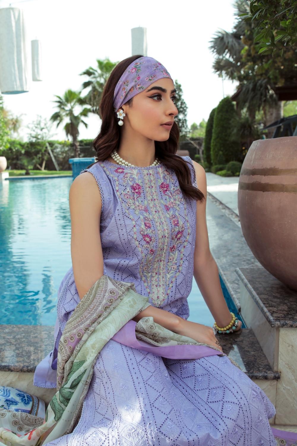 3 PC Unstitched  | Schiffli Embroidered Shirt +  Digital Printed Silk Dupatta + Dyed  CambricTrouser