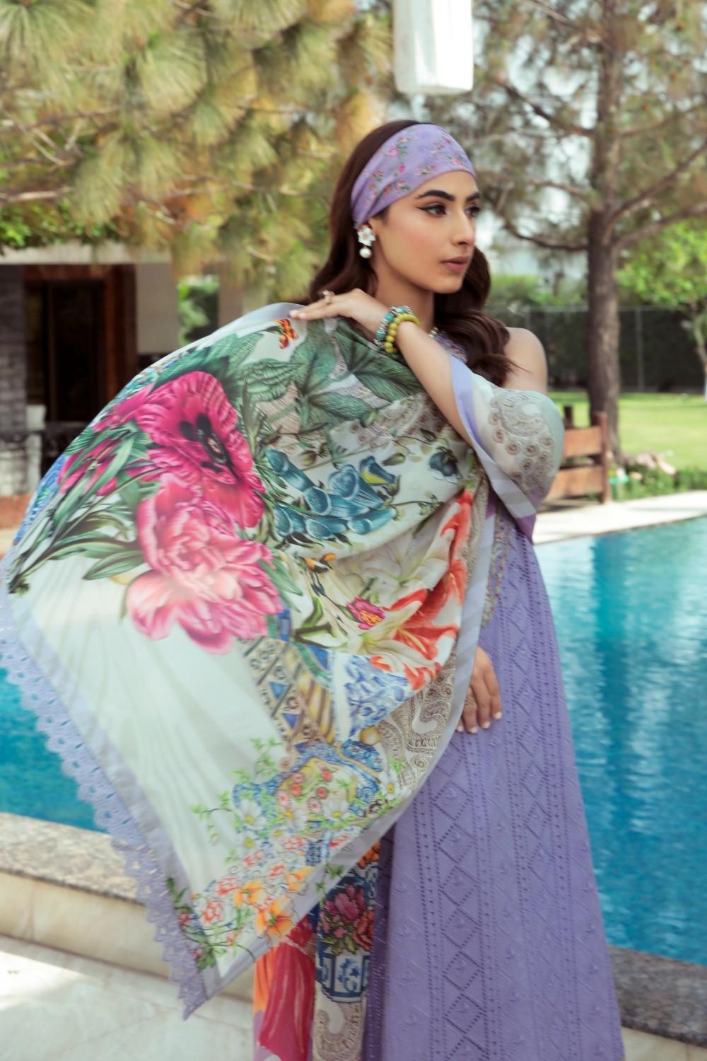 3 PC Unstitched  | Schiffli Embroidered Shirt +  Digital Printed Silk Dupatta + Dyed  CambricTrouser