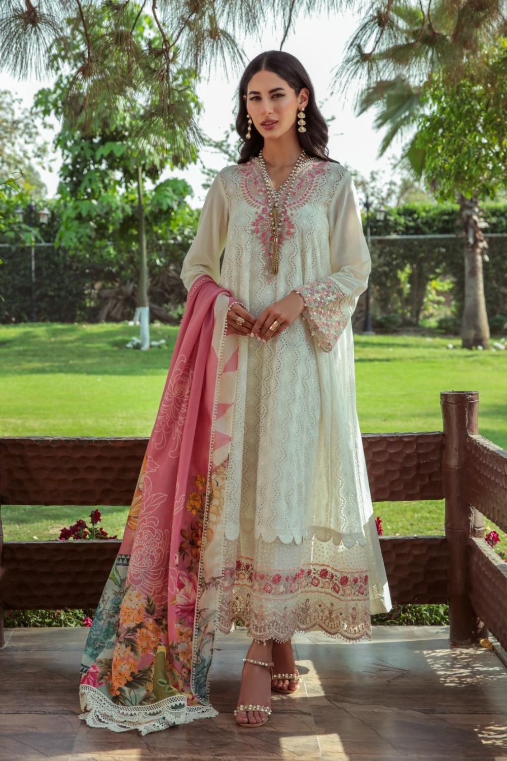 3 PC Unstitched  | Schiffli Embroidered Shirt +  Digital Printed Silk Dupatta + Dyed  CambricTrouser