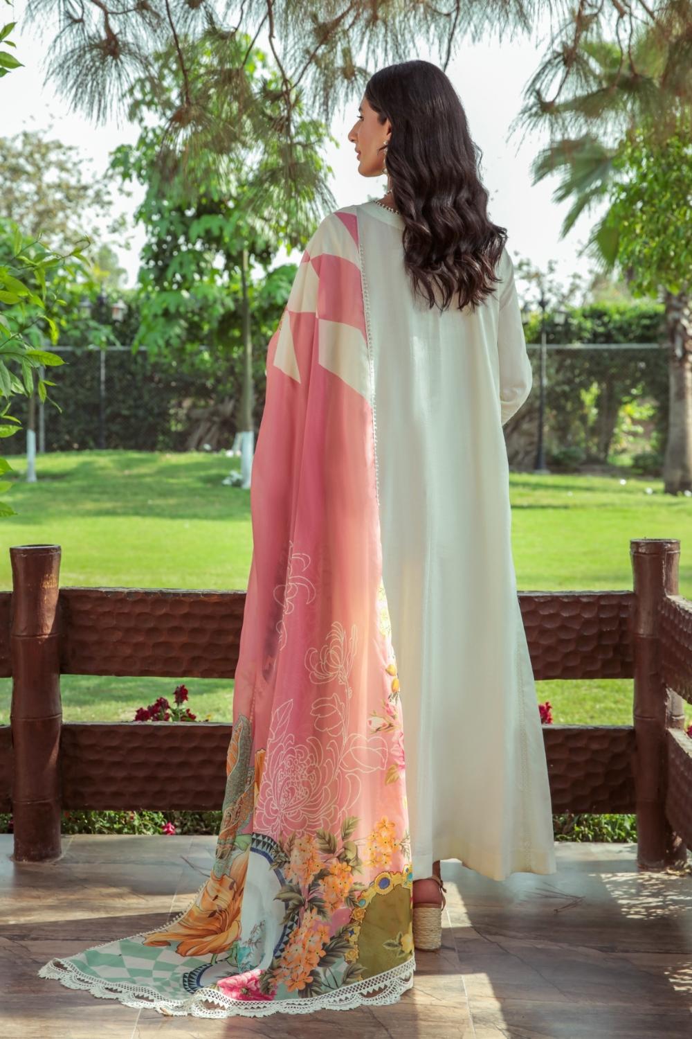 3 PC Unstitched  | Schiffli Embroidered Shirt +  Digital Printed Silk Dupatta + Dyed  CambricTrouser