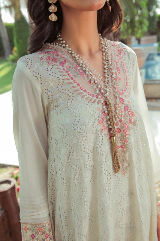 3 PC Unstitched | Schiffli Embroidered Shirt + Digital Printed Silk Dupatta + Dyed CambricTrouser