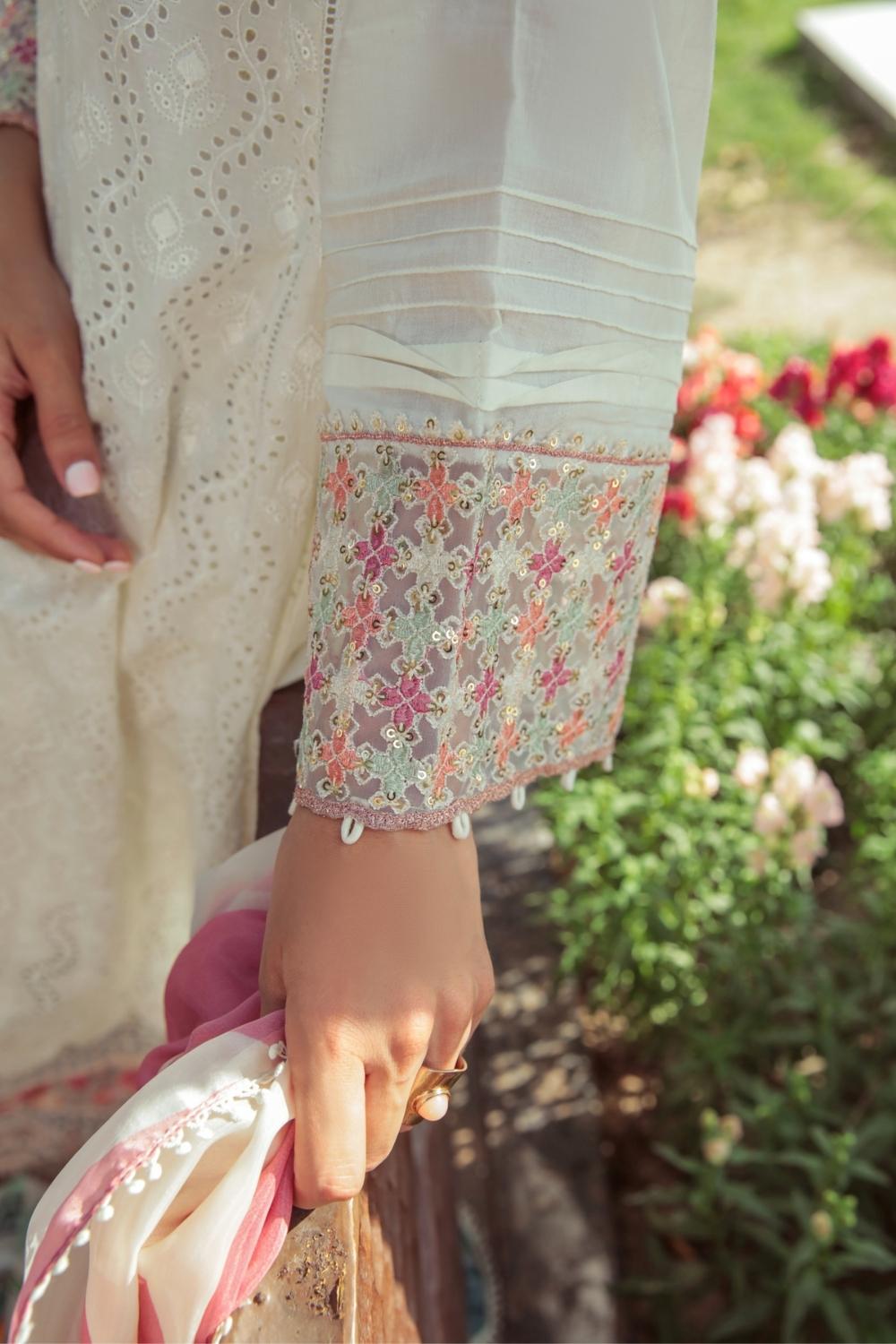 3 PC Unstitched  | Schiffli Embroidered Shirt +  Digital Printed Silk Dupatta + Dyed  CambricTrouser