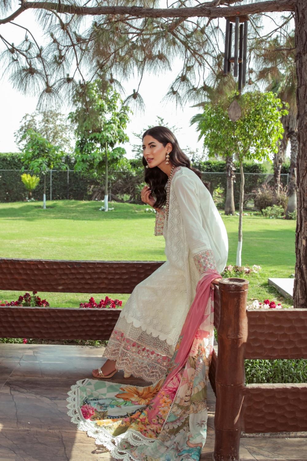 3 PC Unstitched  | Schiffli Embroidered Shirt +  Digital Printed Silk Dupatta + Dyed  CambricTrouser