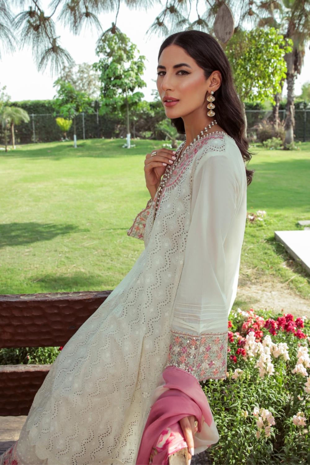 3 PC Unstitched  | Schiffli Embroidered Shirt +  Digital Printed Silk Dupatta + Dyed  CambricTrouser