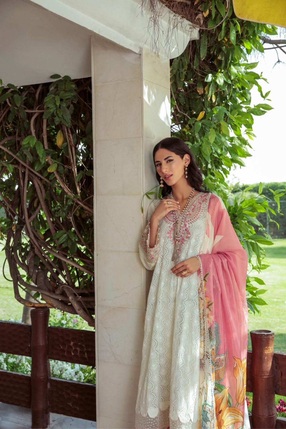 3 PC Unstitched  | Schiffli Embroidered Shirt +  Digital Printed Silk Dupatta + Dyed  CambricTrouser