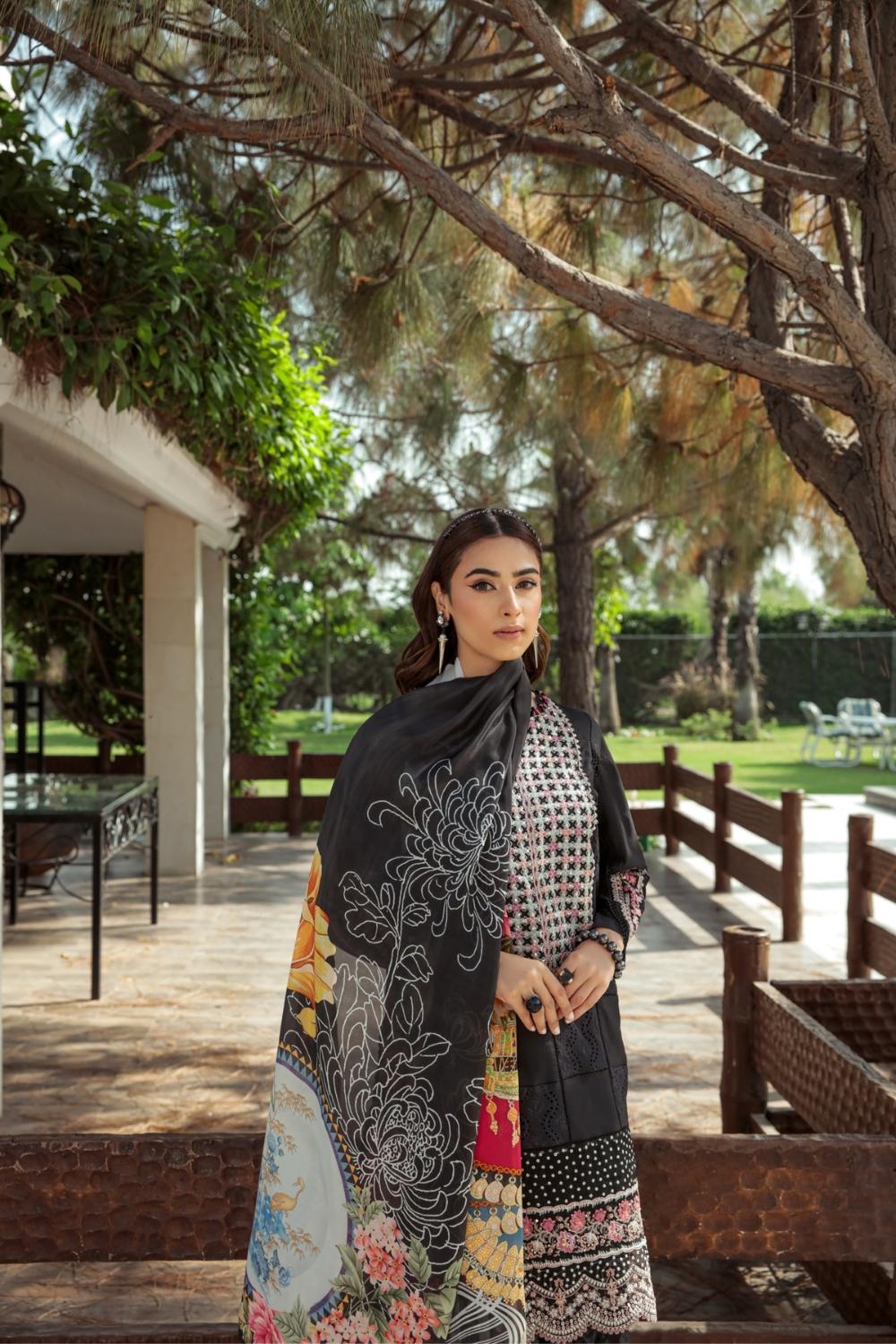 3 PC Unstitched | Embroidered Lawn Shirt | Silk Dupatta