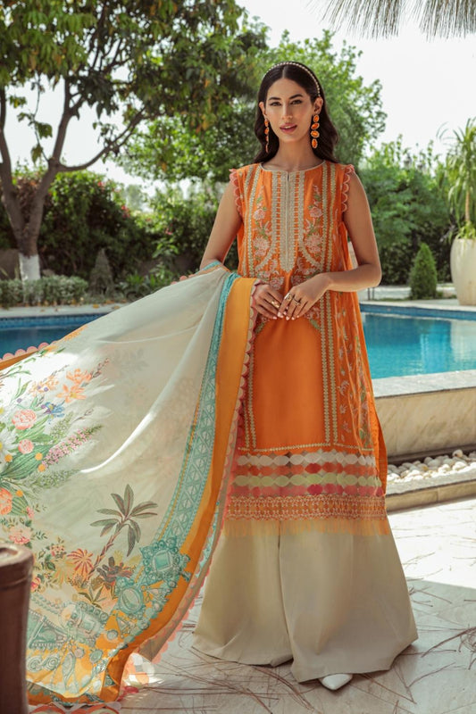 3 PC Unstitched  |  Embroidered Shirt + Digital Printed Silk Dupatta + Dyed Cambric Trouser