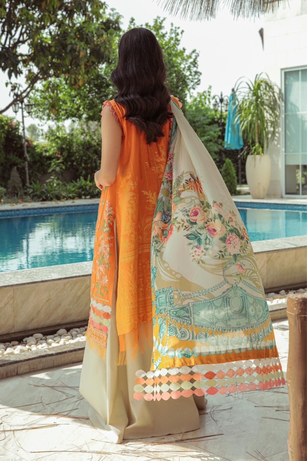 3 PC Unstitched  |  Embroidered Shirt + Digital Printed Silk Dupatta + Dyed Cambric Trouser