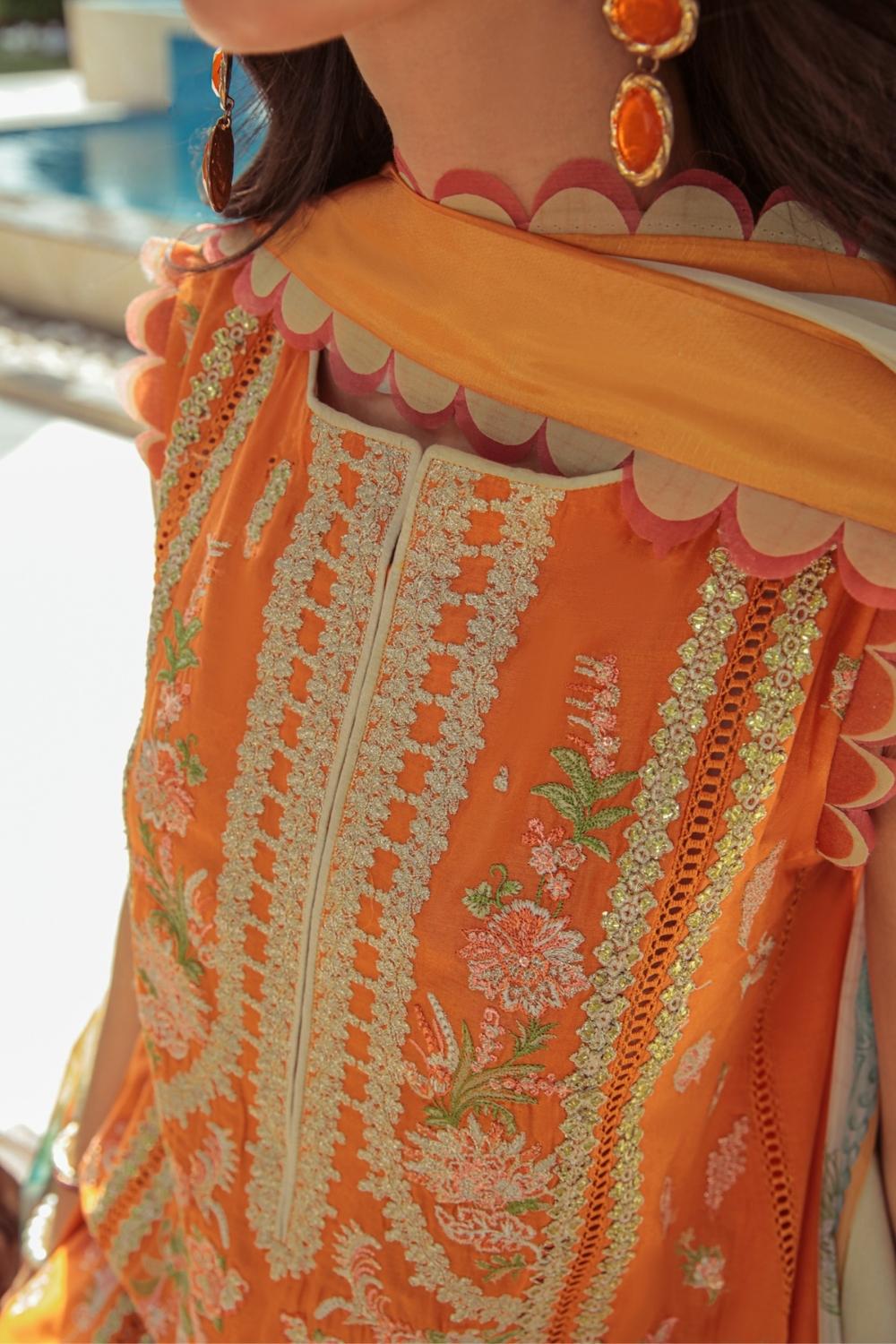 3 PC Unstitched  |  Embroidered Shirt + Digital Printed Silk Dupatta + Dyed Cambric Trouser