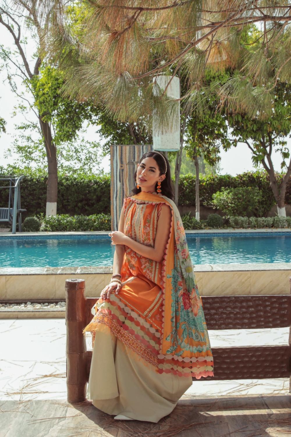 3 PC Unstitched  |  Embroidered Shirt + Digital Printed Silk Dupatta + Dyed Cambric Trouser